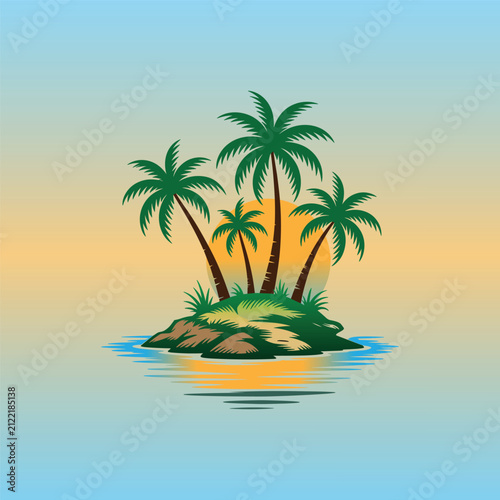 A clean and elegant vector illustration of a small tropical island featuring four lush palm trees, rocky terrain, vibrant green grass, and calm ocean waters. Designed with a natural color palette and 