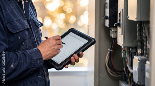 Technician Using Tablet to Record Data While Working on Electrical Equipment in a Brightly Lit Environment, copy space