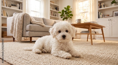 Photography Adorable white puppy lying on cozy rug in modern living room