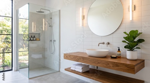 Modern Minimalist Bathroom Interior with Wooden Vanity and Glass Shower