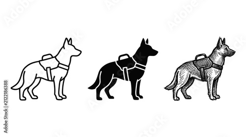 Three K9 police dogs with vests, illustrated in outline, solid black, and hand-drawn sketch styles, representing law enforcement, security, and service animals.