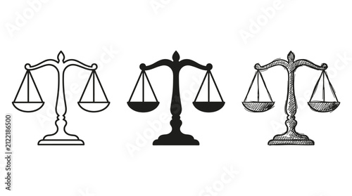 Foto Three styles of Scales of Justice icons, representing law, balance, and fairness