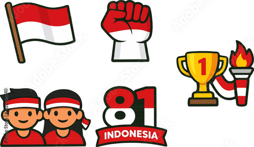Indonesian Independence Day Flat Icon Collection Flag Torch Trophy 81st Anniversary
