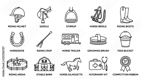 Foto Equestrian horse riding icons set, 15 black line vector elements for stable and