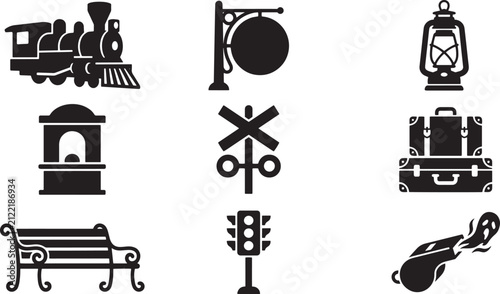 Vintage railway station and train travel vector icons set, steam locomotive, platform, luggage, and transit symbols in solid black silhouette
