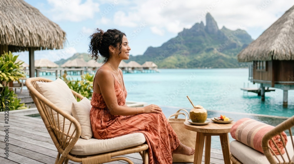 Obraz premium Woman relaxing in a tropical paradise with overwater bungalows and mountains