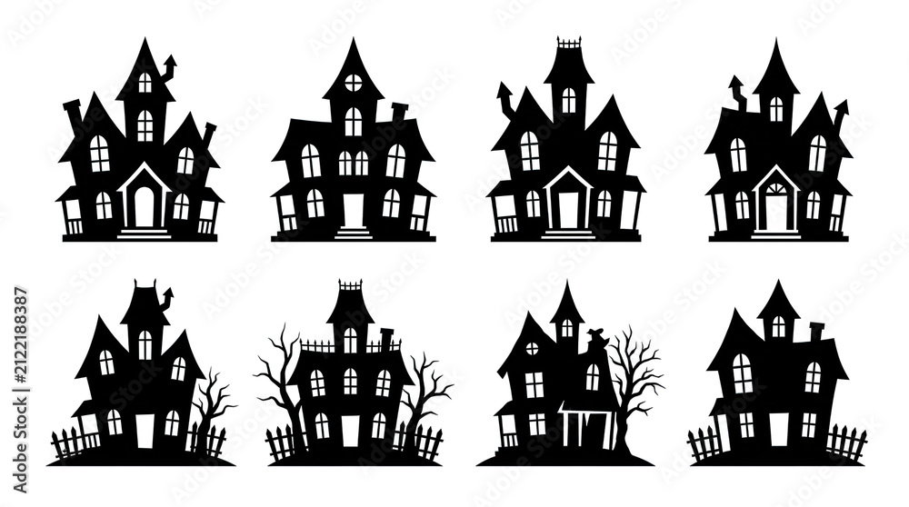 Fototapeta premium A collection of eight different spooky haunted house silhouettes presented as isolated on transparent background