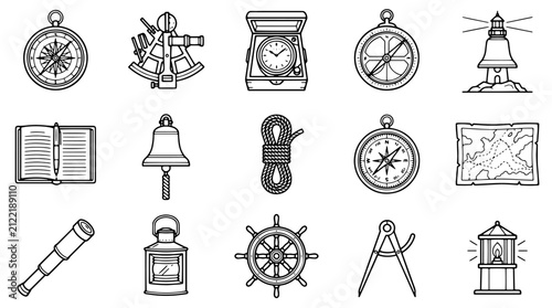 Canvastavla Vintage nautical icons set, black and white maritime navigation symbols, 15 mari