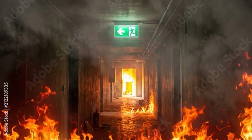 Fire emergency in a smoky corridor with glowing exit sign and flames on the floor
