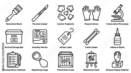 Принти на полотні Museum restoration and conservation icons, 15 professional artifact preservation