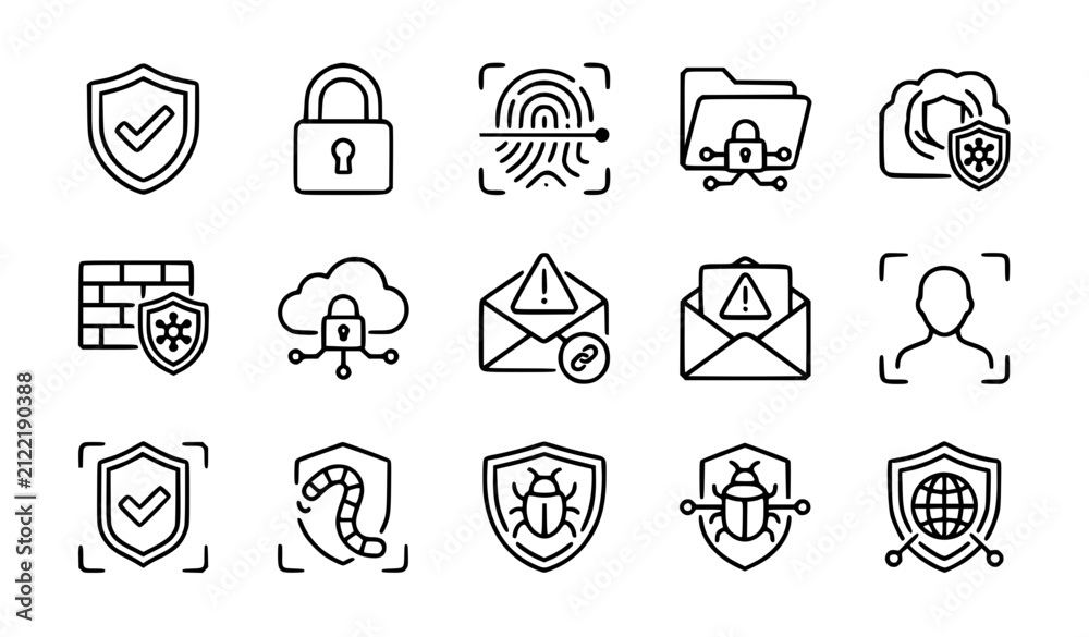 Fototapeta premium Cyber Security Line Icons Set Black and White Minimal Outline SVG Vector Collection
