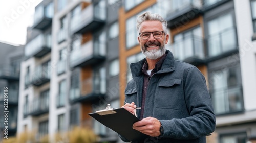 A property manager standing in front of an apartment building, with a clipboard and keys in hand.