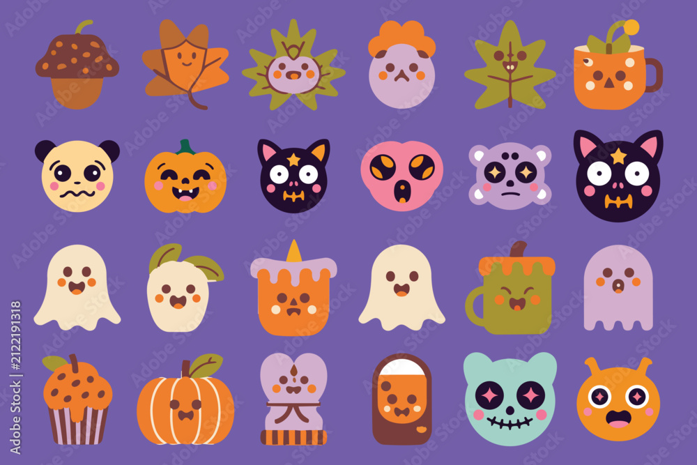 Fototapeta premium Set of cute kawaii halloween icons with smiling ghosts and pumpkins on a soft purple surface