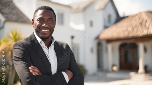 A successful property investor standing in front of their portfolio of real estate properties, smiling proudly.