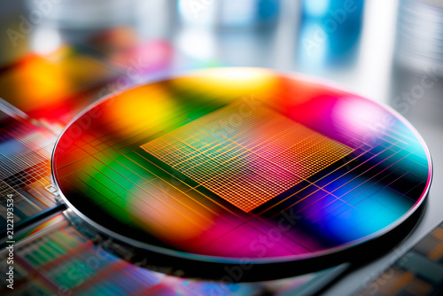  Macro view of silicon wafer with golden microchip circuit patterns and light refraction