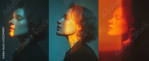 Portrait of a woman with short hair illuminated by colorful lighting, showcasing three different angles with vibrant hues of orange and blue against a dark background