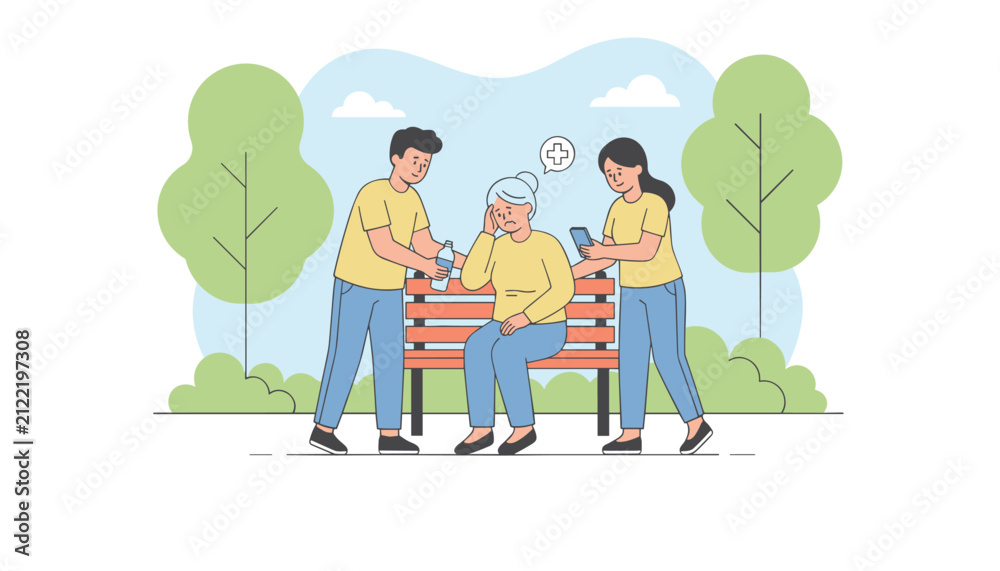 Fototapeta premium Caring young man and woman assisting an elderly lady feeling unwell on a wooden park bench, calling for medical help.