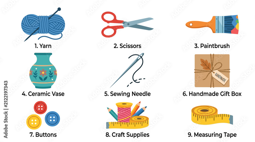 Fototapeta premium Craft Supplies Vector Icon Bundle Set Featuring Creative Tools and Handmade Hobby Materials for DIY Projects and Artistic Design
