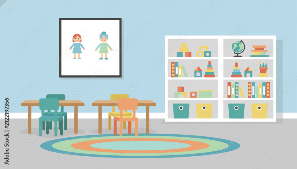 Fototapeta premium Bright preschool classroom interior with small study tables, colorful chairs, toy shelves, and a decorative round rug.