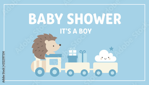 Lovely blue baby shower greeting card featuring a cute hedgehog riding a toy train with gift boxes and a happy cloud.