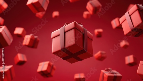 Floating red gift boxes with black ribbons against a vibrant red background, creating a festive and celebratory atmosphere for holidays and special occasions