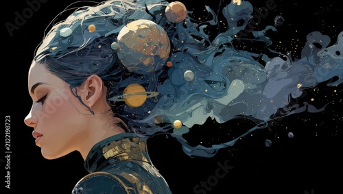 Female character with flowing hair composed of planets and stars, showcasing a cosmic theme against a dark background in a digital illustration style