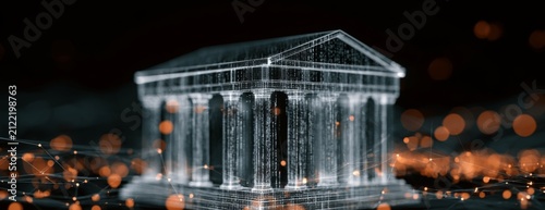 Classical architectural monument rendered in light data against dark background  