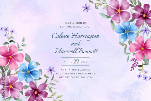 invitation card purple blue floral watercolor with abstract background