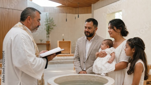 Priest reading baptism prayers in warm golden light with over shoulder view and calm commercial