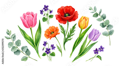 Canvastavla Colorful spring flowers and greenery illustration