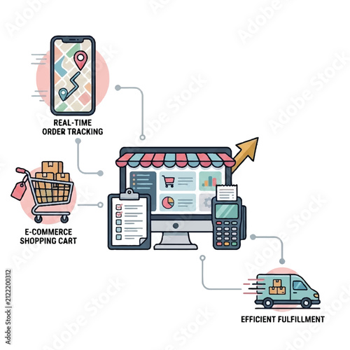Modern flat vector illustration of e-commerce online shopping cart order tracking mobile app and delivery truck isolated on white
