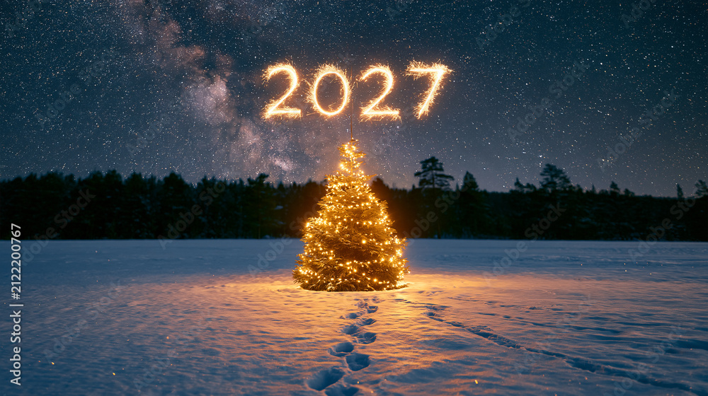 Obraz premium Magical New Year landscape featuring a glowing tree and sparkling stars in the night sky Generative AI