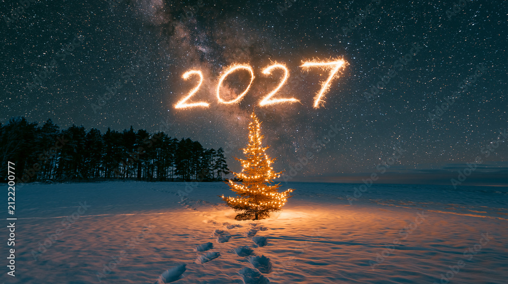 Obraz premium Magical New Year landscape with a glowing tree in a snowy wonderland at night Generative AI