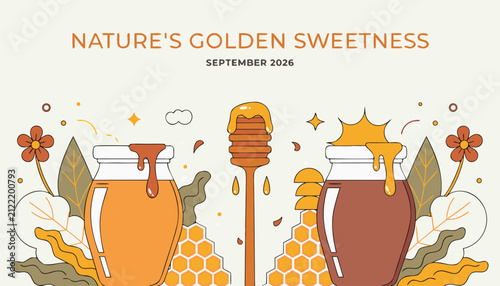 Fotografie Golden honey jars and wooden dipper in flat vector illustration style