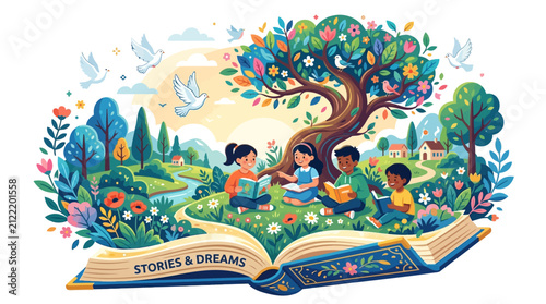 Children reading storybooks together while sitting on the grass beneath a large magical tree inside an open book display a world of imagination and learning for a vibrant educational graphic theme.