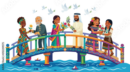 People in traditional clothing from various cultures meet on a colorful bridge to exchange flowers and express friendship while white doves fly peacefully above them across a bright water scene area.