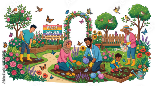Garden volunteers of diverse backgrounds work together in a lush peace garden to plant flowers and vegetables while birds fly above a wooden archway in this tranquil outdoor community setting area.