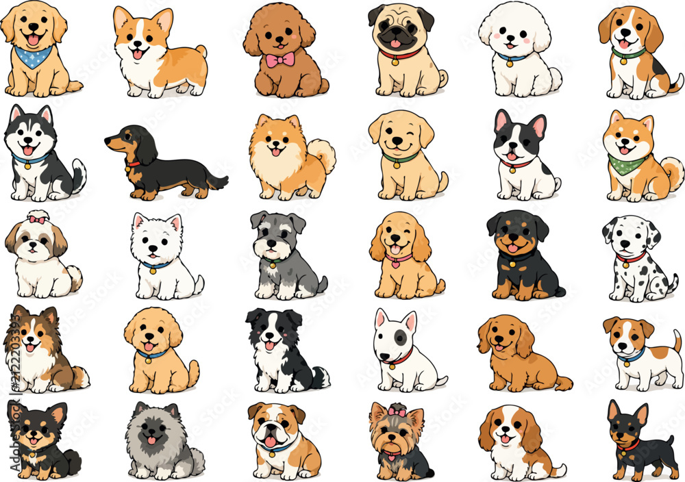 Obraz premium Cute Cartoon Dogs and Puppies Sticker Bundle - 30 Kawaii Domestic Pets Vector Clip Art Pack