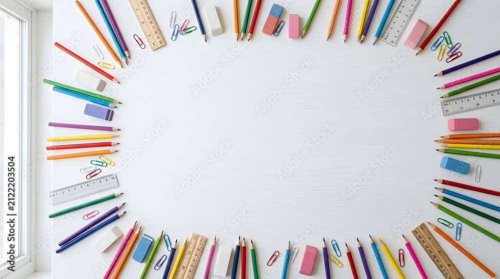 Obraz premium Colorful school supplies arranged in a frame on a white background.