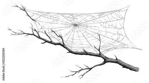 detailed intricate spider web covering a branch, eerie decoration, flat vector illustration, clean bold outlines, minimal shading, isolated on white background