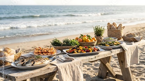 A rustic wooden table set for a seashore buffet ideas event featuring fresh grilled fish, roasted vegetables, and citrus fruits on a sunny sandy beach