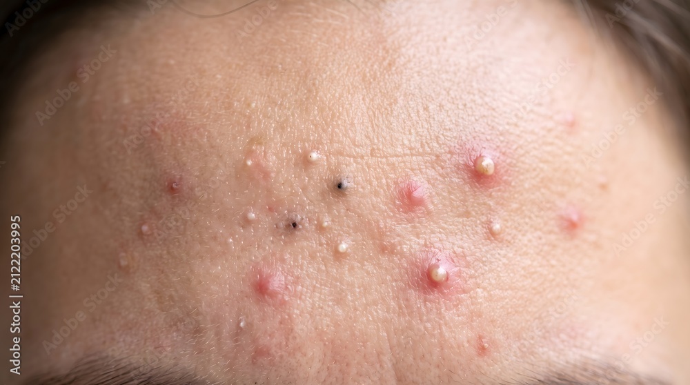 Fototapeta premium Extreme macro close-up of skin with severe acne pimples blackheads and enlarged pores. AI generated.