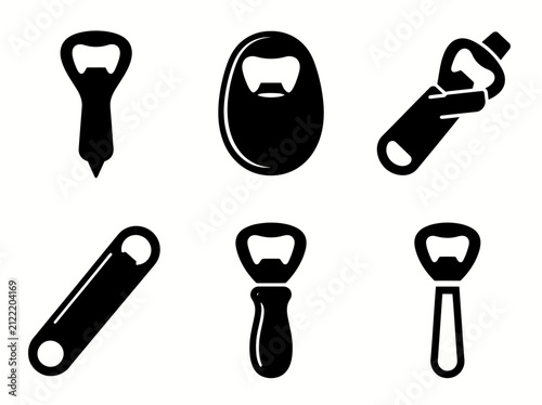 Collection of various bottle opener icons in black silhouette
