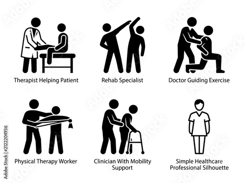 Silhouettes of healthcare professionals assisting in various therapies and exercises