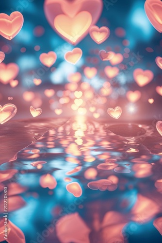 Romantic hearts float above a shimmering surface, bathed in soft light and gentle bokeh.