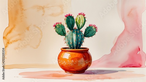 Watercolor Cactus in Pot with Pink Blooms on Abstract Background Neutral Watercolor Style