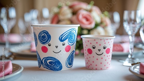 Two Cartoon Cups with Faces on a Table Setting at a Special Occasion