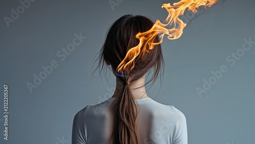 Woman from Behind with Hair in Ponytail and Flames Coming Out Moody and Conceptual
