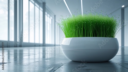Potted Grass with Dew Drops in Modern Room with Large Windows, Minimal Design.