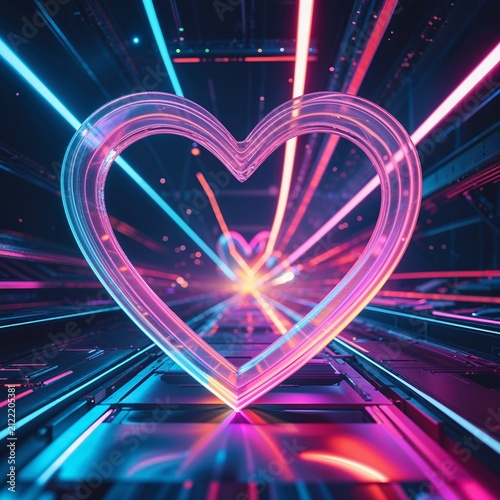 Neon Heart on Futuristic Circuit Board with Light Streaks, Valentine's Day Sci-Fi